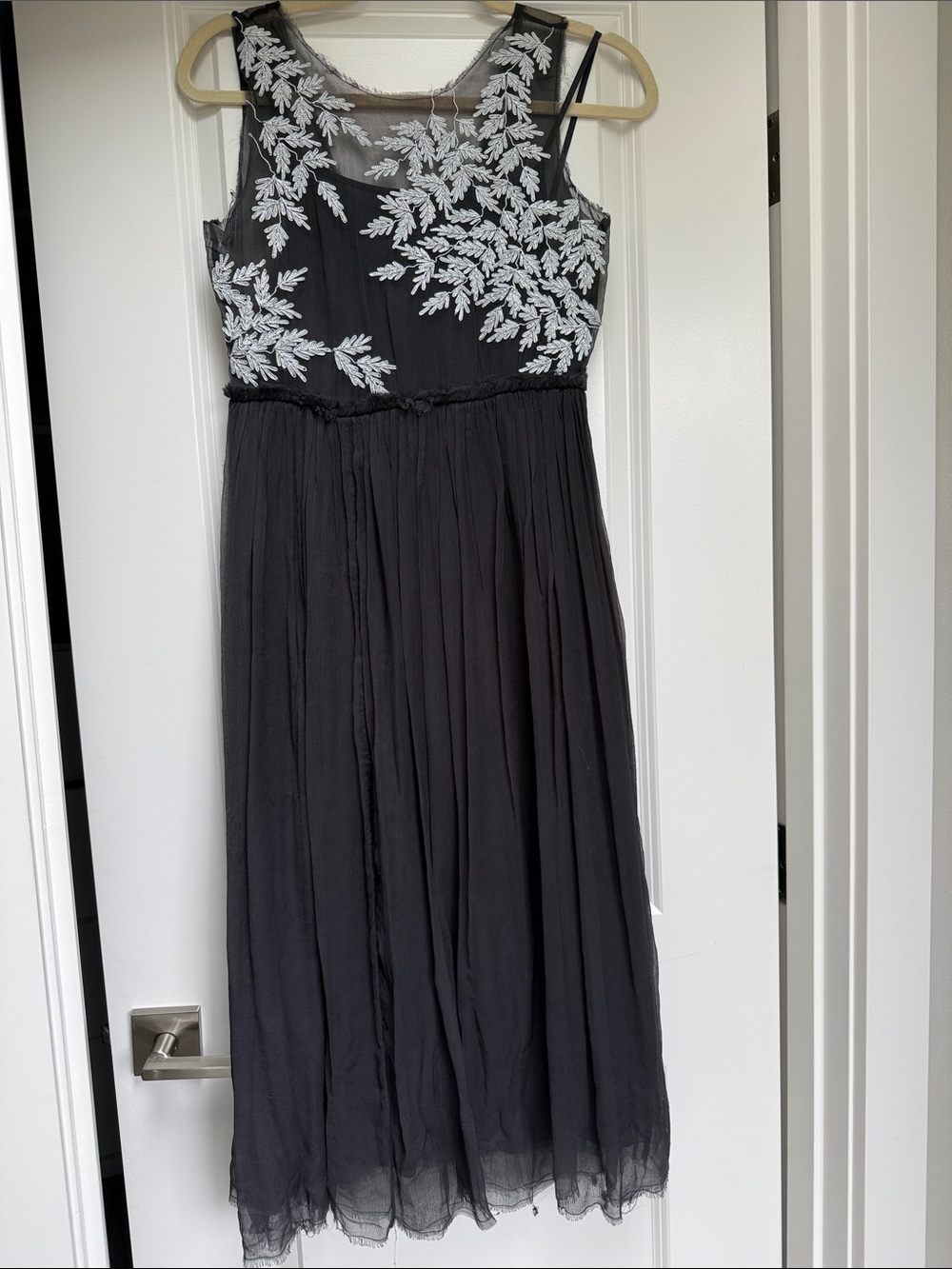 Anthropologie Black Grey Midi Dress with Silver Embroidery